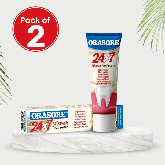Orasore 24x7 Miswak Toothpaste 100g with Bamboo Brush Inside | 24 Natural Extracts to Fight 7 Problems | Stops Tooth pain, Protects Gums, Whitens Teeth, Removes Plaque, Fights Germs & Cavities | Refreshing & Original | Trusted Brand(Pack of 2)