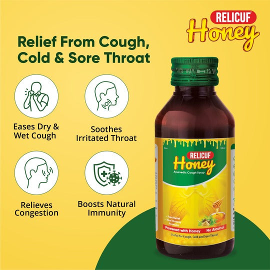 Relicuf Honey Ayurvedic Cough Syrup | Enriched with 11 Herbs – Tulsi, Mulethi, Sonth, Vasaka, Karkatshringi, Pipali & Pudina | Non-Drowsy & Alcohol-Free | 100ml (Pack of 2)