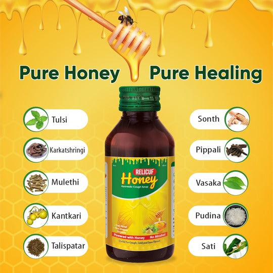 Relicuf Honey Ayurvedic Cough Syrup | Enriched with 11 Herbs – Tulsi, Mulethi, Sonth, Vasaka, Karkatshringi, Pipali & Pudina | Non-Drowsy & Alcohol-Free | 100ml (Pack of 2)