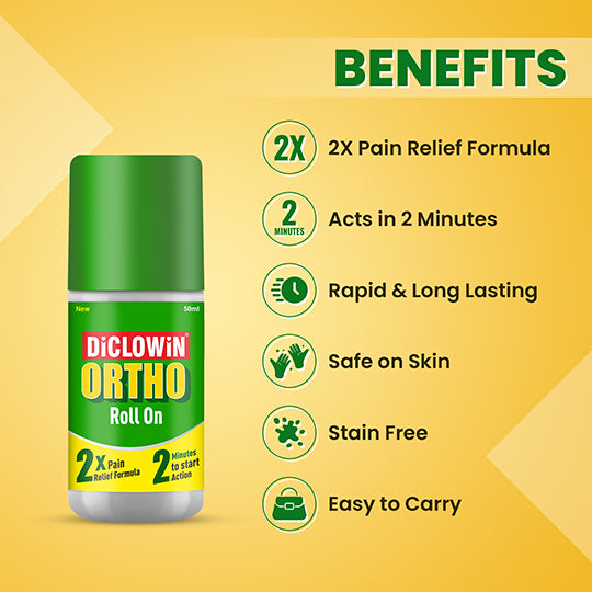 Diclowin Ortho Roll On(50ml) | Mess-free Applicator for Back, Foot, Neck, Shoulder, Leg, Sciatica & Hand Pain | Works on Muscles with 2x Cooling Power Formula | Non Staining, Long Lasting & Fast Absorbing(Pack of 2)