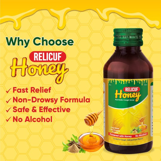Relicuf Honey Ayurvedic Cough Syrup | Enriched with 11 Herbs – Tulsi, Mulethi, Sonth, Vasaka, Karkatshringi, Pipali & Pudina | Non-Drowsy & Alcohol-Free | 100ml (Pack of 2)