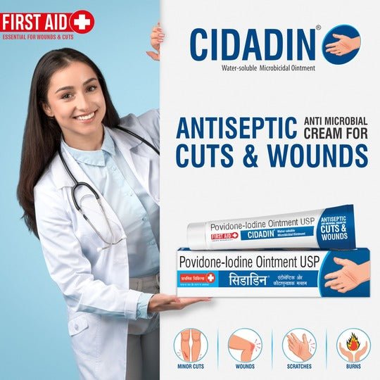 Cidadin 10g | Antiseptic, Anti Microbial Medicated Cream for Cuts, Scratches, Burns & Wounds | Clinically Proven & Worldwide Accepted Povidone-Iodine Formula | Essential First Aid Ointment(Pack of 10)
