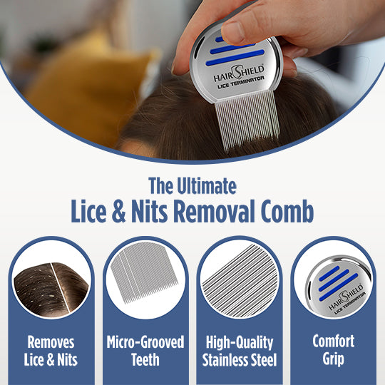 Hairshield Lice Terminator Combo | #1 Anti Lice 1 Wash 30ml Solution with Plastic Comb Pack + 1 Original Stainless Steel Micro-Grooved Teeth Comb | Safe for Kids, Men & Women