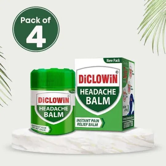 DiCLOWiN Headache Relief Balm (Pack of 4) Clinically Proven 3x Formula | Non-Staining & Non-Burning | Migraine, Irritation, Stress & Excess Screen Exposure Relief | Rich Aroma & Long Lasting
