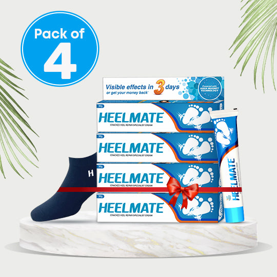 Heelmate Daily Foot Care Combo | Cracked Heel Repair Cream Pack of 4 with Free Ankle Length Socks (Blue) | Deep Moisture & Soothing Care for Dry Heels | Feather-Touch Socks Included