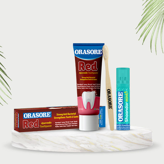 Natural Red & Mint Combo by Orasore | Herbal Toothpaste 100g Paste with Free Bamboo Toothbrush & Shaandar Mint Breath Freshener Spray 15g | Ultimate Teeth Protection with Natural Ingredients