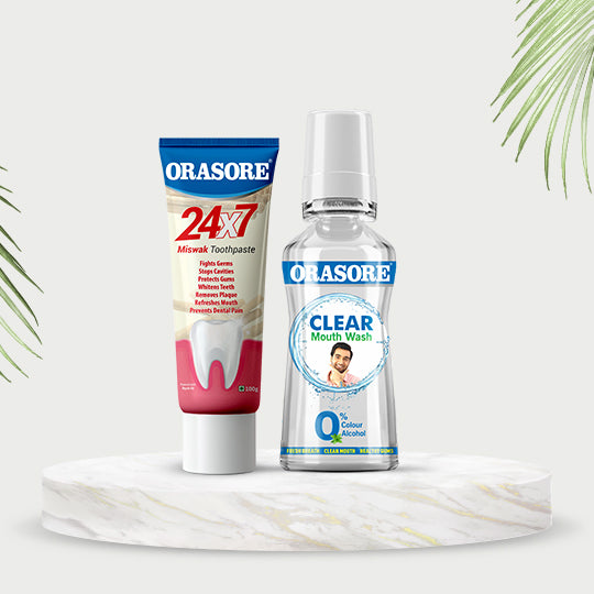 Orasore 24x7 Miswak Duo | Natural Toothpaste 100g & Clear Mouthwash 250ml |  Fights 7 Dental Problems & Prevents Bad Breath | Zero Color & Zero Alcohol Mouthwash | Free Bamboo Toothbrush