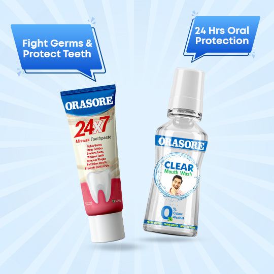 Orasore 24x7 Miswak Duo | Natural Toothpaste 100g & Clear Mouthwash 250ml |  Fights 7 Dental Problems & Prevents Bad Breath | Zero Color & Zero Alcohol Mouthwash | Free Bamboo Toothbrush