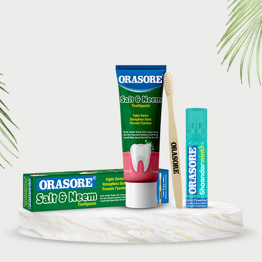 Salt & Neem Mint Freshening Combo | Orasore Salt & Neem Toothpaste 100g with Free Bamboo Toothbrush & Instant Mouth Freshener Spray 15g| Mint Cool Breath Freshener with Zero Calories