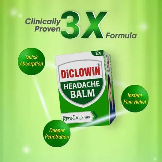 DiCLOWiN Headache Relief Balm (Pack of 4) Clinically Proven 3x Formula | Non-Staining & Non-Burning | Migraine, Irritation, Stress & Excess Screen Exposure Relief | Rich Aroma & Long Lasting