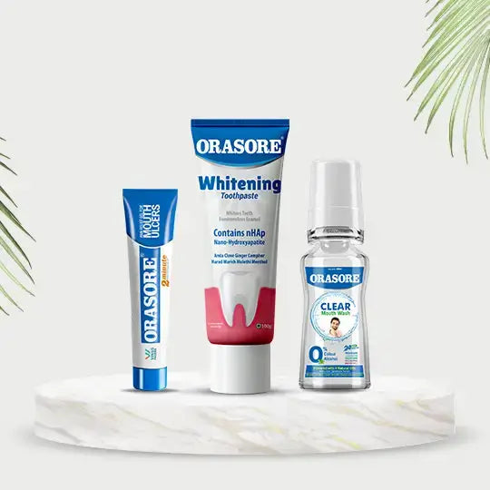 Orasore Whitening Combo | Mouth Ulcer Gel 12g + Clear Mouth Wash 100ml + Whitening Toothpaste 100gm