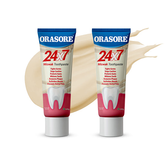 Orasore 24x7 Miswak Toothpaste 100g with Bamboo Brush Inside | 24 Natural Extracts to Fight 7 Problems | Stops Tooth pain, Protects Gums, Whitens Teeth, Removes Plaque, Fights Germs & Cavities | Refreshing & Original | Trusted Brand(Pack of 2)