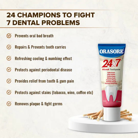 Orasore 4-in-1 Ultimate Dental Care Pack | Red Ayurvedic, Whitening, Salt &amp; Neem, 24x7 Miswak Toothpastes | Free Bamboo Toothbrush | 4 x 100g