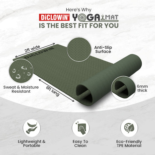 DiCLOWiN Yoga Mat | 6mm, Anti Slip, Extra Grip | Storage Strap Included | Exercise, Stretch, Rest & Yoga For Men, Women, Children, Elderly