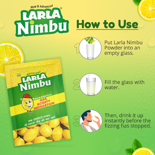 Larla Nimbu Sachets | Instant Relief from Acidity, Heartburn, Acid Reflux, Nausea, Gas, & Bloating | Refreshing Lemon Flavor | Pack of 30 x 5g Sachets (30 Sachet, Lemon)