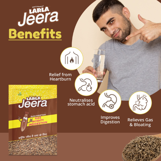 Larla Jeera Sachet 5g | Fast Relief from Acidity, Heartburn, Acid Reflux, Nausea, Gas, & Bloating | Made with Asli Desi Jeera | Pack of 30 x 5g Sachets (30 Sachet, Jeera)