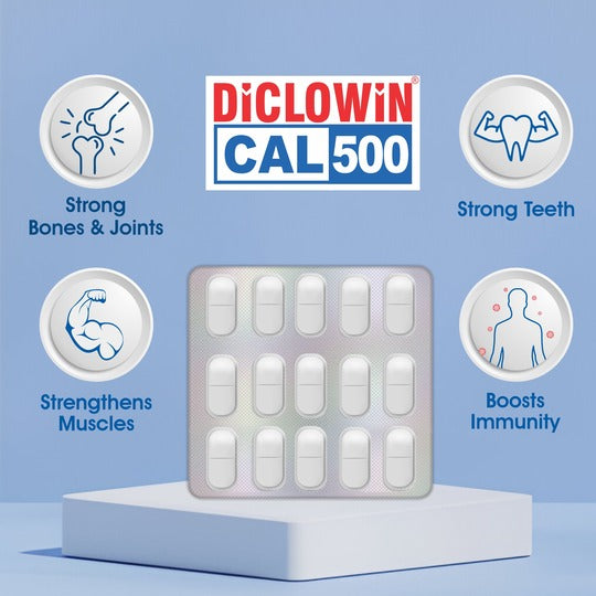 Diclowin CAL500 | Daily Dose Tablet of 500mg Calcium & 500IU Vitamin D3 | Promotes Strong Bones, Teeth, Muscles & Boosts Immunity | 30 Tablets (Pack of 2)