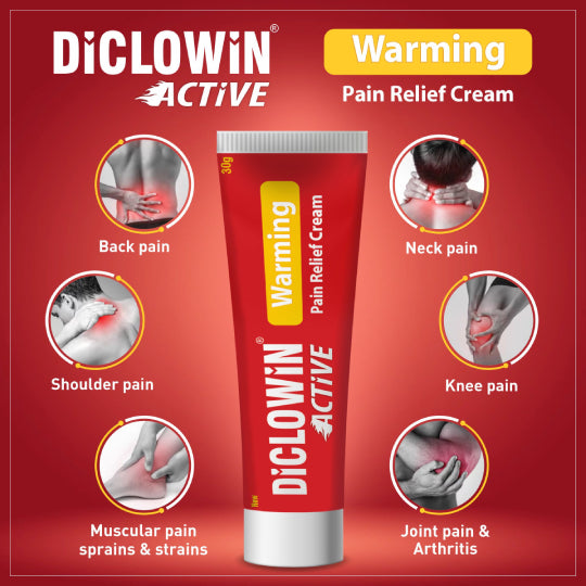 Diclowin Active Warming Pain Relief Cream | Fast-Acting Muscle &amp; Joint Pain Relief | Non- Greasy, Soothing Warmth for Sprains, Stiffness, and Aches | Compact &amp; Travel-Friendly | 30g (Pack of 2)