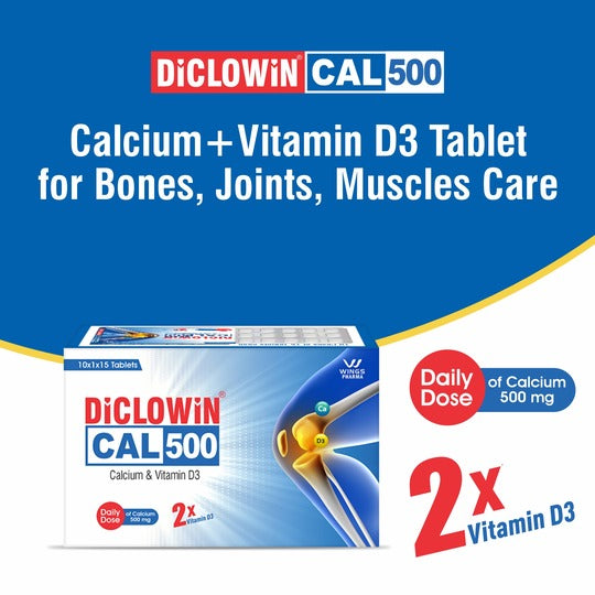 Diclowin CAL500 | Daily Dose Tablet of 500mg Calcium & 500IU Vitamin D3 | Promotes Strong Bones, Teeth, Muscles & Boosts Immunity | 30 Tablets (Pack of 2)