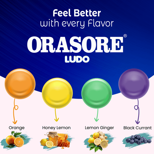 Orasore Ludo Medicated Throat Lozenges | Ayurvedic Relief for Sore Throat, Cough &amp; Irritation | 4 Amazing Flavors Orange, Honey Lemon, Lemon Ginger, &amp; Black Currant | Pack of 10 Strips