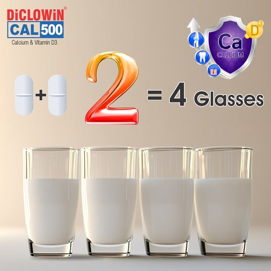 Diclowin CAL500 | Daily Dose Tablet of 500mg Calcium & 500IU Vitamin D3 | Promotes Strong Bones, Teeth, Muscles & Boosts Immunity | 30 Tablets (Pack of 2)