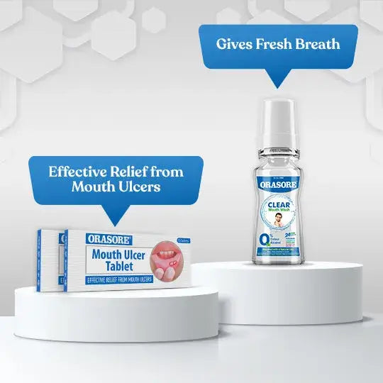 Orasore Ultimate Oral Care Combo Pack with 2 units Mouth Ulcer Tablets (10) with Free Pen and Clear Mouth Wash (100ml) | Get Complete Relief from Mouth Ulcers and Kill Bad Breath Naturally