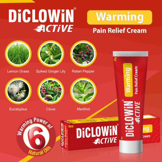 Diclowin Active Warming Pain Relief Cream | Fast-Acting Muscle &amp; Joint Pain Relief | Non- Greasy, Soothing Warmth for Sprains, Stiffness, and Aches | Compact &amp; Travel-Friendly | 30g (Pack of 2)