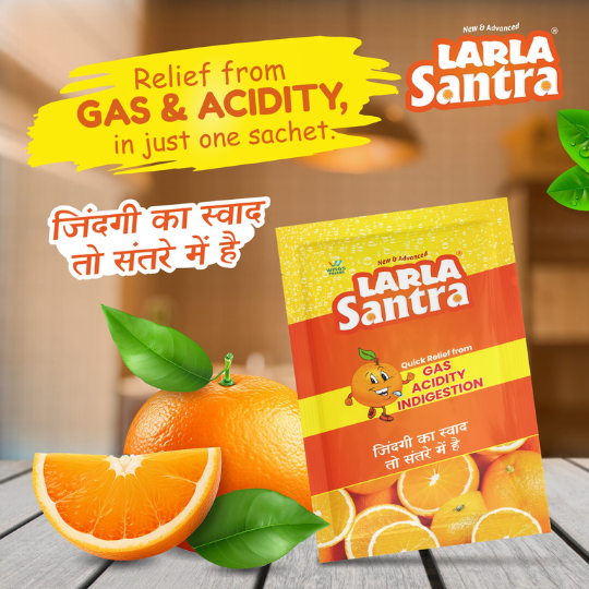 Larla Santra Instant Relief Sachets | Quick Relief from Gas, Acidity & Indigestion | Orange Flavour Ayurvedic Solution | Pack of 30 x 5g Sachets (30 Sachet, Orange)