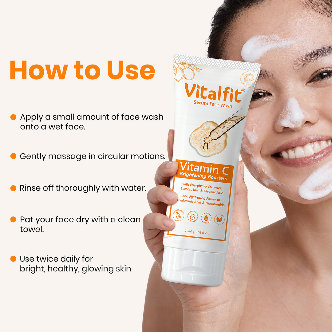 Vitamin C Serum Face Wash | Brightening Cleanser with Glycolic Acid, Hyaluronic Acid & Niacinamide | With Lemon & Kiwi Extracts | For Glowing & Even Skin Tone | pH Balanced | 75ml
