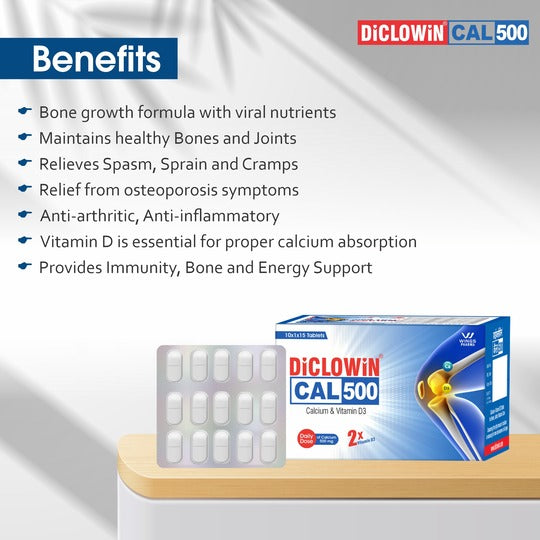 Diclowin CAL500 | Daily Dose Tablet of 500mg Calcium & 500IU Vitamin D3 | Promotes Strong Bones, Teeth, Muscles & Boosts Immunity | 30 Tablets (Pack of 2)