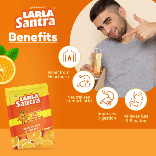 Larla Santra Instant Relief Sachets | Quick Relief from Gas, Acidity & Indigestion | Orange Flavour Ayurvedic Solution | Pack of 30 x 5g Sachets (30 Sachet, Orange)