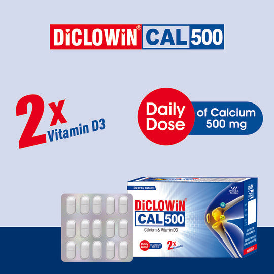 Diclowin CAL500 | Daily Dose Tablet of 500mg Calcium & 500IU Vitamin D3 | Promotes Strong Bones, Teeth, Muscles & Boosts Immunity | 30 Tablets (Pack of 2)