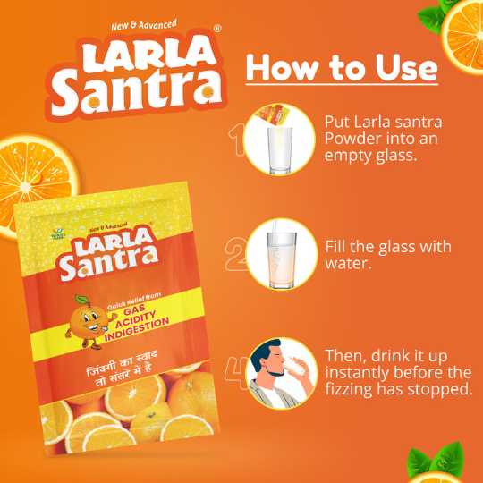 Larla Santra Instant Relief Sachets | Quick Relief from Gas, Acidity & Indigestion | Orange Flavour Ayurvedic Solution | Pack of 30 x 5g Sachets (30 Sachet, Orange)