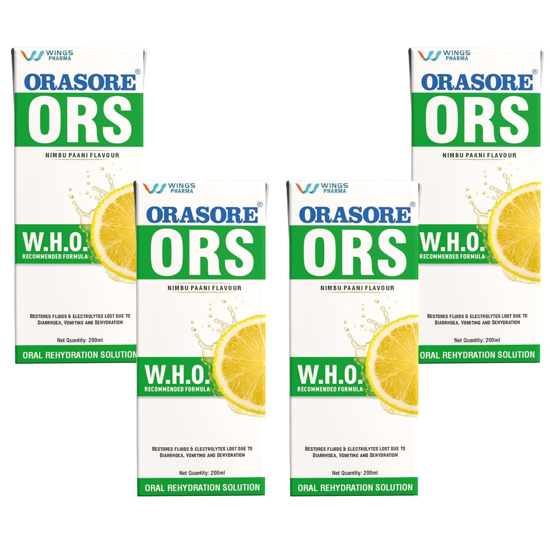 Orasore ORS Ready to Drink Oral Rehydration Solution | Vital Electrolytes for Instant Hydration | Helps Restore Fluids Lost Due to Heat, Sweating, Loose Motion & Vomiting | WHO Formula (200 ml (Pack of 4), Nimbu Paani)