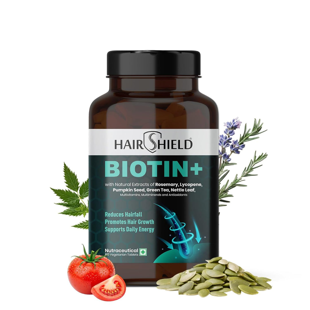 Hairshield Biotin+ Tablets with Rosemary, Green Tea, Lycopene, Pumpkin Seed | 100% RDA Biotin | Reduces Hairfall & Supports Healthy Skin, Hair & Nails | Vegetarian 60 Tablets