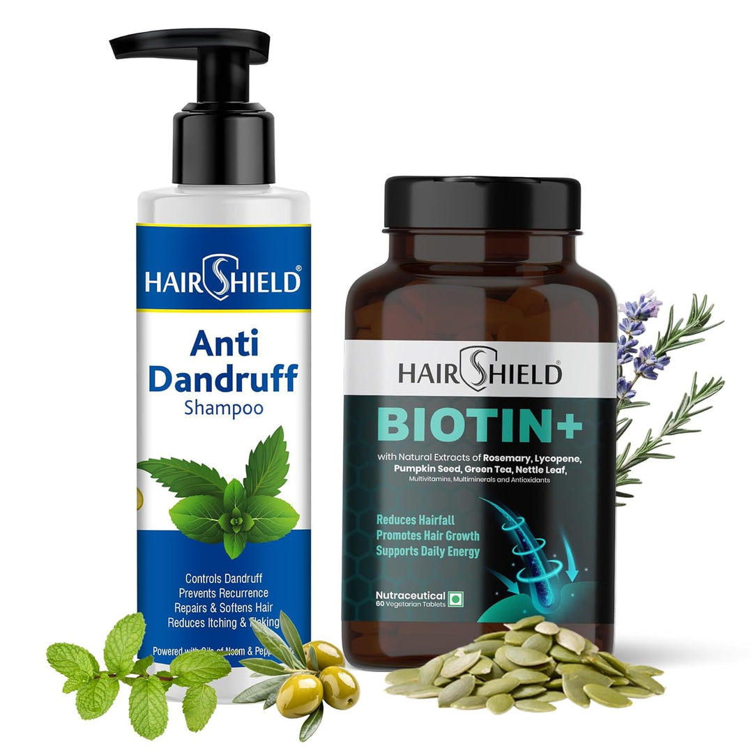 Hairshield Complete Hair Care Combo | Anti Dandruff Shampoo 100 ml with Free Cream & Biotin+ Tablets 60 Tablets | Supports Clean Scalp & Regular Hair Care | Men & Women