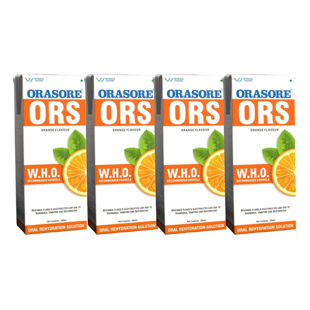 Orasore ORS Ready to Drink Oral Rehydration Solution | Vital Electrolytes for Instant Hydration | Helps Restore Fluids Lost Due to Heat, Sweating, Loose Motion & Vomiting | WHO Formula | Orange Flavour (Pack of 4)