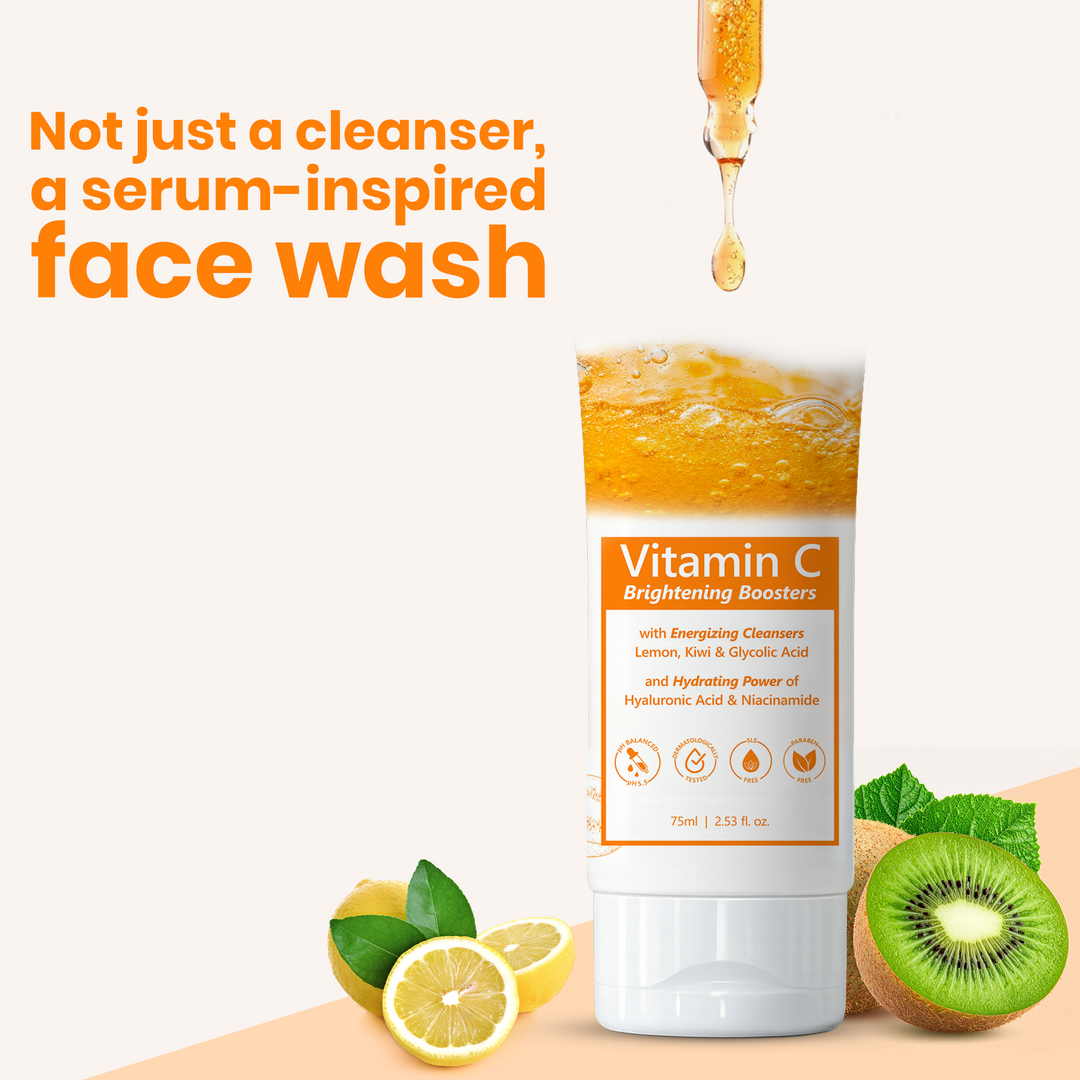 Vitamin C Serum Face Wash | Brightening Cleanser with Glycolic Acid, Hyaluronic Acid & Niacinamide | With Lemon & Kiwi Extracts | For Glowing & Even Skin Tone | pH Balanced | 75ml