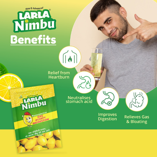 Larla Nimbu Sachets | Instant Relief from Acidity, Heartburn, Acid Reflux, Nausea, Gas, & Bloating | Refreshing Lemon Flavor | Pack of 30 x 5g Sachets (30 Sachet, Lemon)