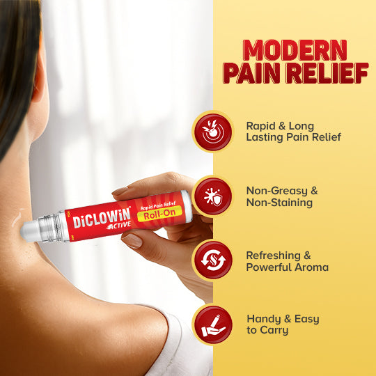 Diclowin Active Pain Relief Roll-On | With 4 Natural Oils, Camphor & Menthol | Ideal For Headache, Muscle & Joint Pain | Non-Greasy & Easy to Use | 10ml