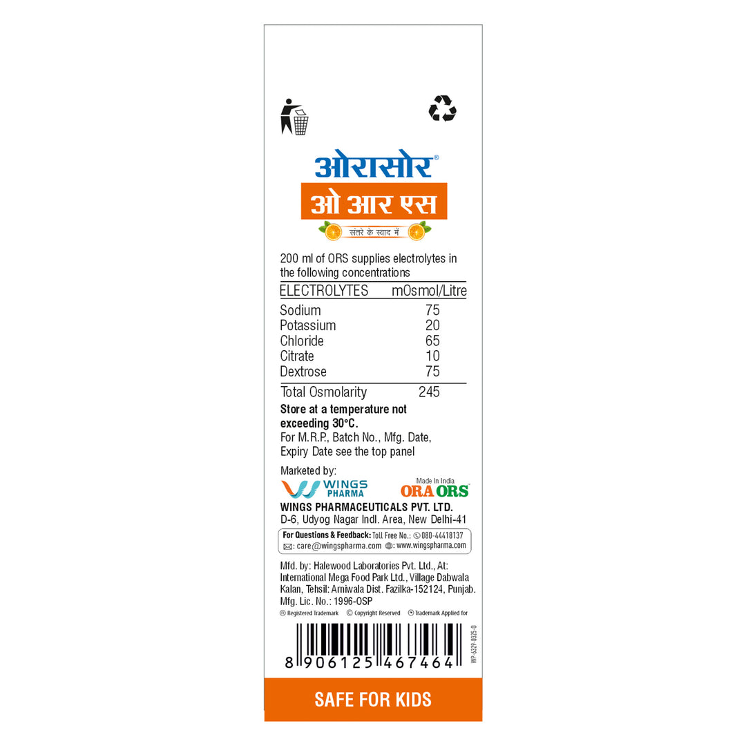 Orasore ORS Ready to Drink Oral Rehydration Solution | Vital Electrolytes for Instant Hydration | Helps Restore Fluids Lost Due to Heat, Sweating, Loose Motion & Vomiting | WHO Formula | Orange Flavour (Pack of 4)