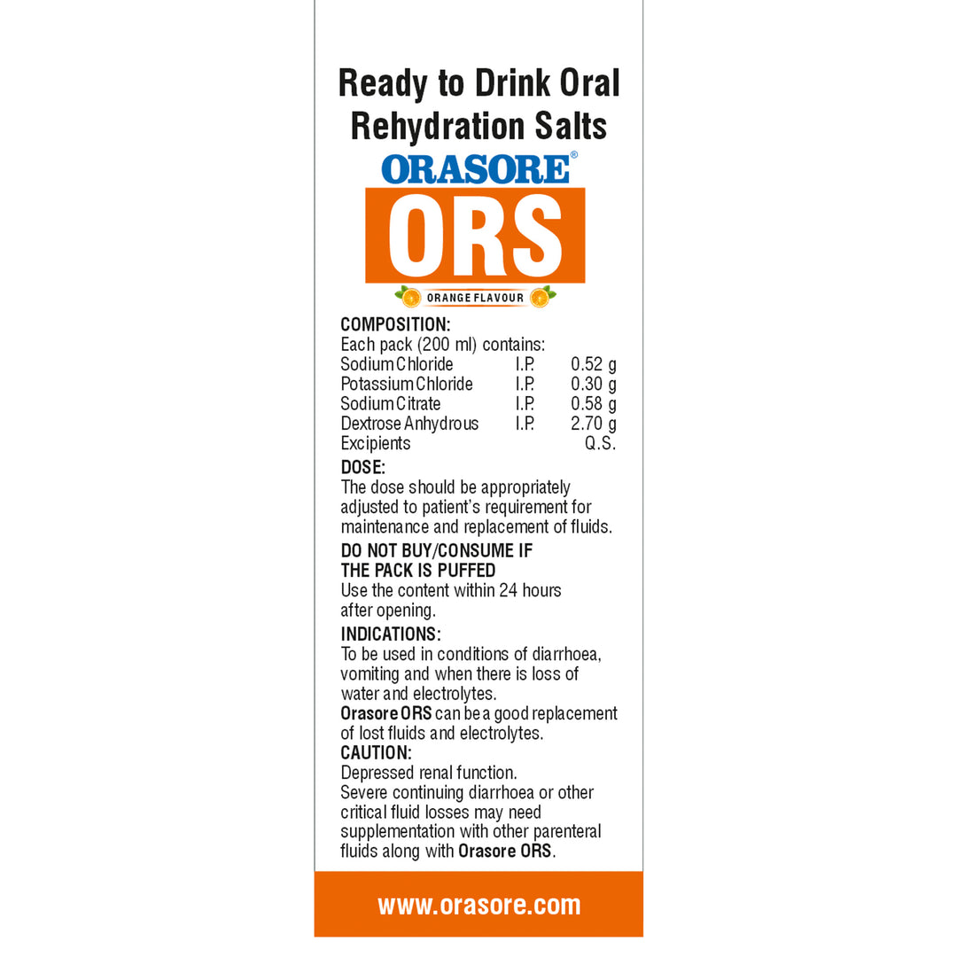 Orasore ORS Ready to Drink Oral Rehydration Solution | Vital Electrolytes for Instant Hydration | Helps Restore Fluids Lost Due to Heat, Sweating, Loose Motion & Vomiting | WHO Formula | Orange Flavour (Pack of 4)