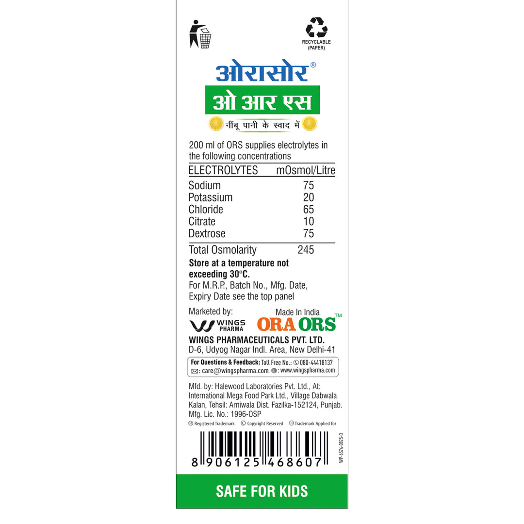 Orasore ORS Ready to Drink Oral Rehydration Solution | Vital Electrolytes for Instant Hydration | Helps Restore Fluids Lost Due to Heat, Sweating, Loose Motion & Vomiting | WHO Formula (200 ml (Pack of 4), Nimbu Paani)