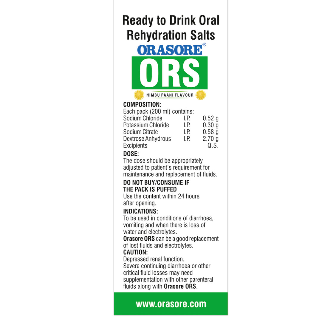 Orasore ORS Ready to Drink Oral Rehydration Solution | Vital Electrolytes for Instant Hydration | Helps Restore Fluids Lost Due to Heat, Sweating, Loose Motion & Vomiting | WHO Formula (200 ml (Pack of 4), Nimbu Paani)