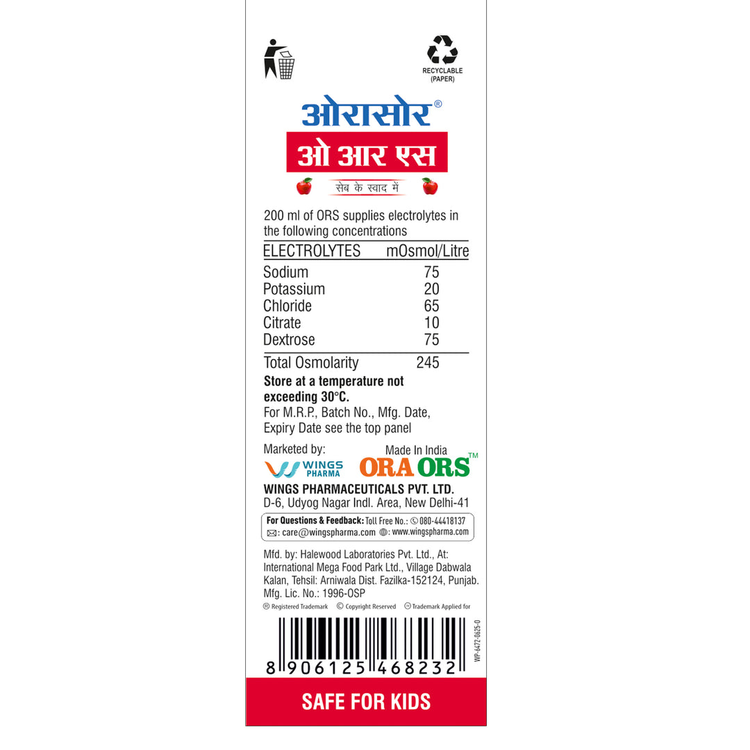 Orasore ORS Ready to Drink Oral Rehydration Solution | Vital Electrolytes for Instant Hydration | Helps Restore Fluids Lost Due to Heat, Sweating, Loose Motion & Vomiting | WHO Formula (Pack of 4, App