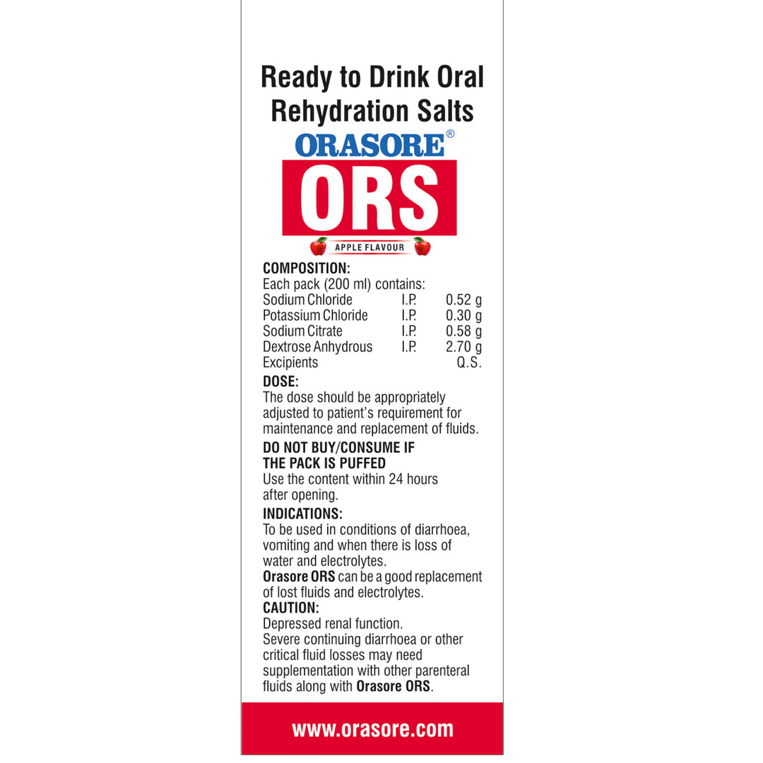 Orasore ORS Ready to Drink Oral Rehydration Solution | Vital Electrolytes for Instant Hydration | Helps Restore Fluids Lost Due to Heat, Sweating, Loose Motion & Vomiting | WHO Formula (Pack of 4, App