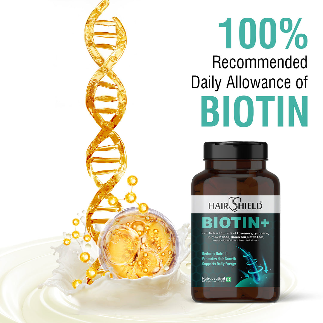 Hairshield Biotin+ Tablets with Rosemary, Green Tea, Lycopene, Pumpkin Seed | 100% RDA Biotin | Reduces Hairfall & Supports Healthy Skin, Hair & Nails | Vegetarian 60 Tablets