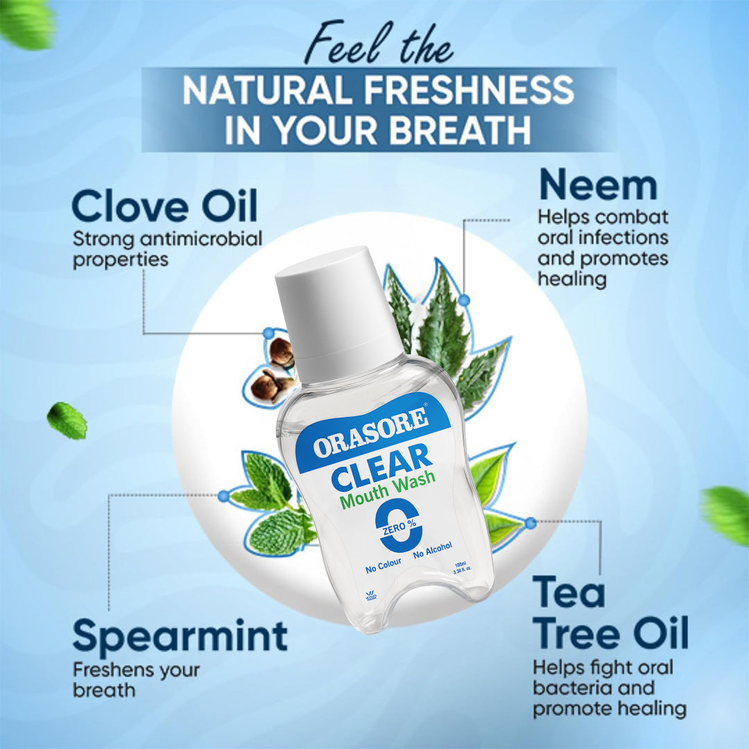 Orasore Clear Mouthwash 100ml Kills Bad Breath & Stops Tooth Decay | 100% Ayurvedic with 12 Ingredients including Miswak, Clove Oil, Tulsi | No Colors | No Alcohol | Suitable for Men, Women, Children (Pack of 2)