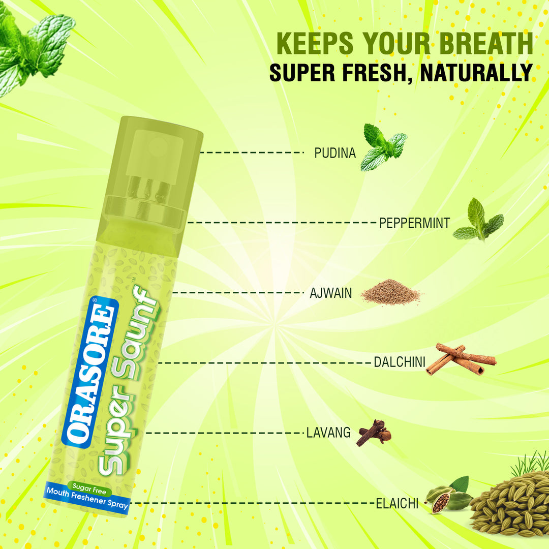 Orasore Super Saunf Sugar Free Mouth Freshener Spray 15g | Instant Bad Breath Solution with Long-Lasting Freshness | 200+ Sprays | Alcohol-Free, Pocket Friendly & Refreshing Sounf Flavour (Pack of 2)