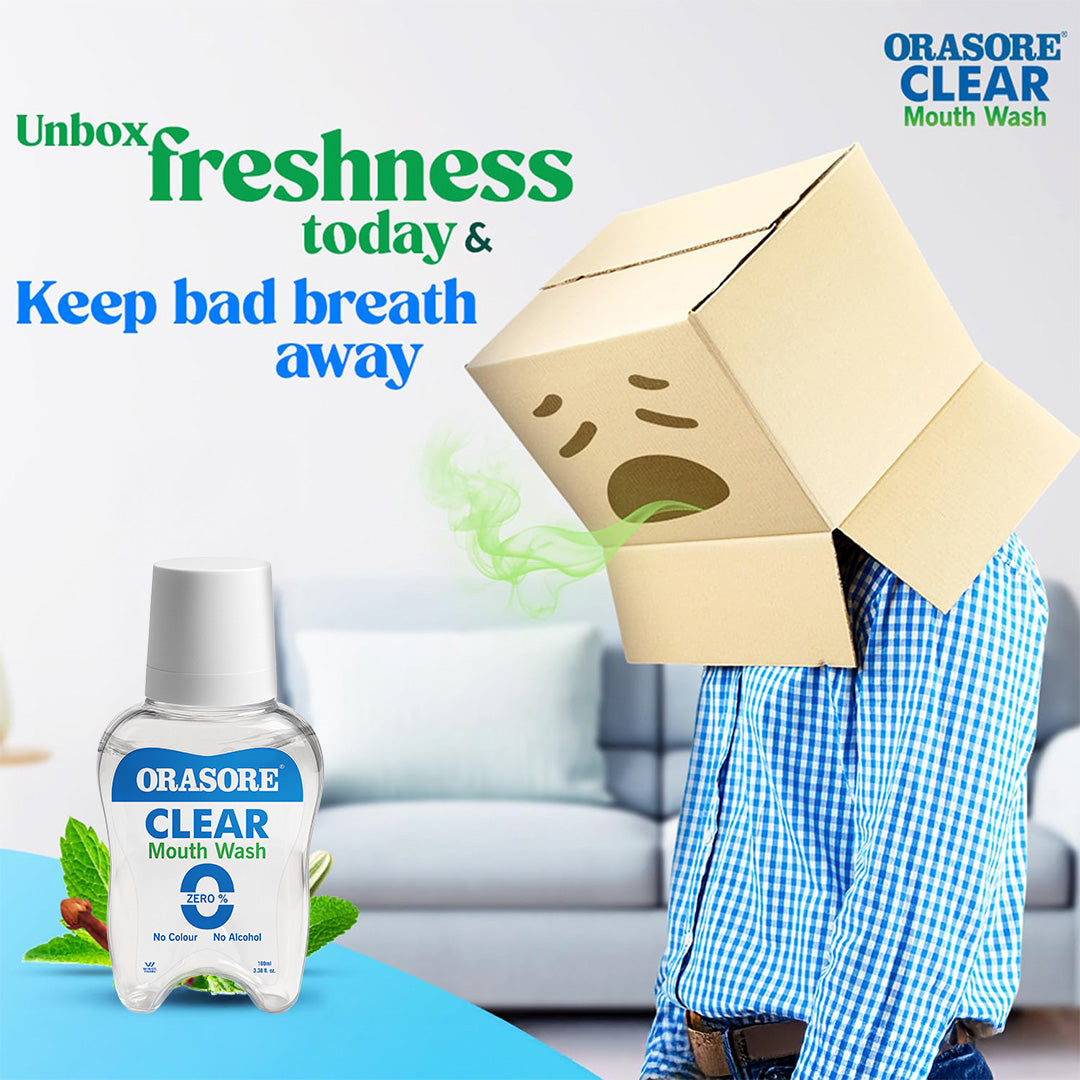Orasore Clear Mouthwash 100ml Kills Bad Breath & Stops Tooth Decay | 100% Ayurvedic with 12 Ingredients including Miswak, Clove Oil, Tulsi | No Colors | No Alcohol | Suitable for Men, Women, Children (Pack of 2)